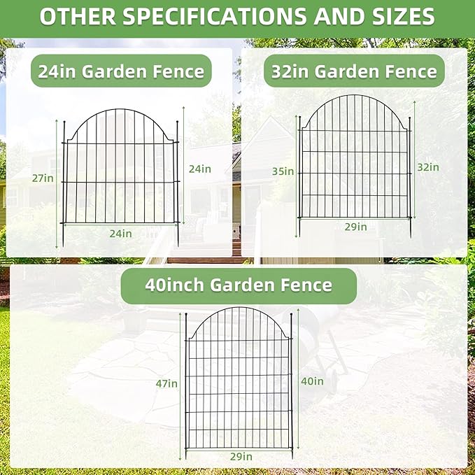 10 Panels No Dig Decorative Outdoor Garden Fence, 24in (H) x20ft (L) Animal Barrier Fencing for Dog, Arched Flower Bed Edging, Rustproof Metal Wire Panel Border with Temporary Ground Stakes