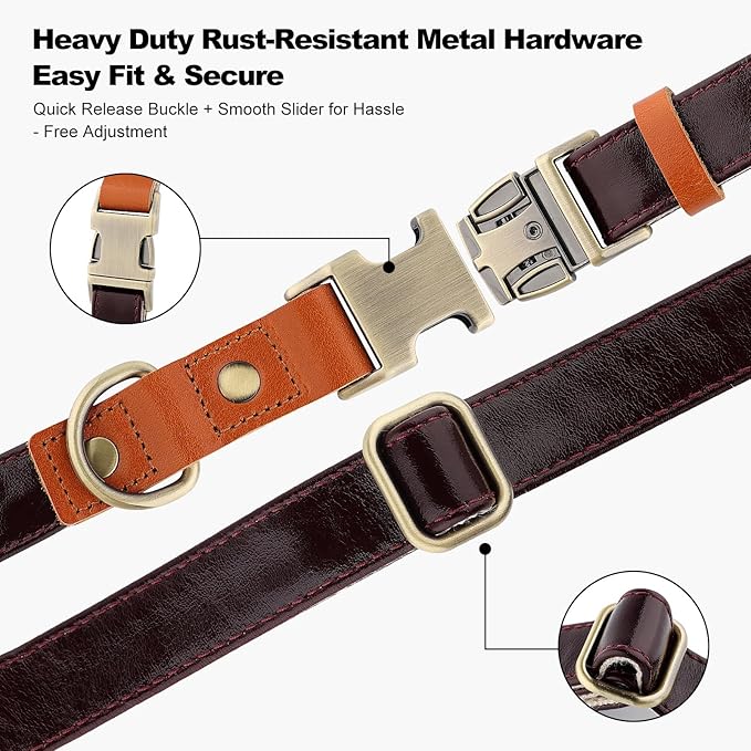 Plutus Pet Genuine Leather & Hemp Dog Collar – Adjustable Heavy Duty Pet Collar with Quick Release Metal Buckle, Soft & Stylish for Puppy and Small, Medium, Large Dogs (Copper Brown, L)