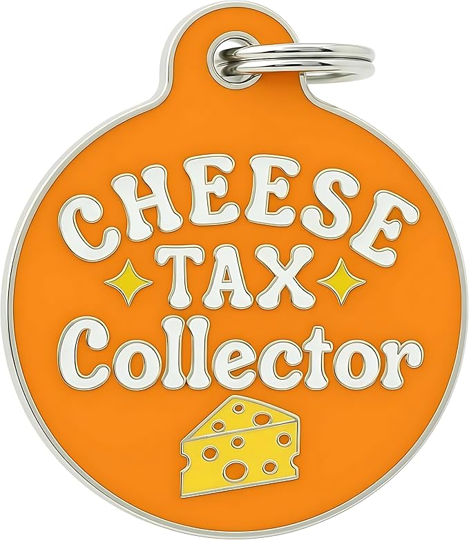 Bad Tags Personalized Dog and Cat ID Tags in 25+ Designs and 2 Sizes - 5 Lines of Custom Engraved Text - Funny Cute Personalized Pet Tags (Cheese Tax Collector, Large (1.25 inch))