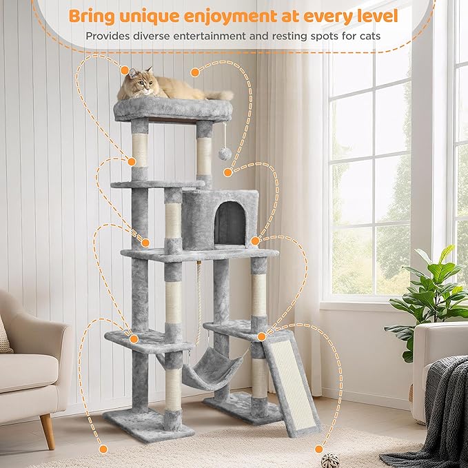 Yaheetech Cat Tree Tower 54in, Multi-Level Pet Stand Furniture with Extended Platform Hammock Scratching Posts Condo for Large Cats to Play and Sleep