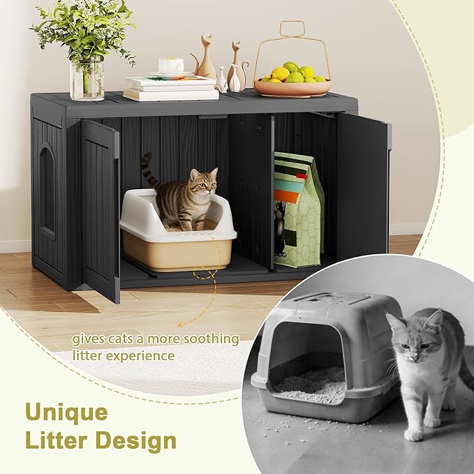 Cat Litter Box Enclosure, Hidden Enclosed Litter Box Furniture with Adjustable Partition, Multi-Functional Outdoor Cat House, Side Table, Easy to Clean, Dark Black