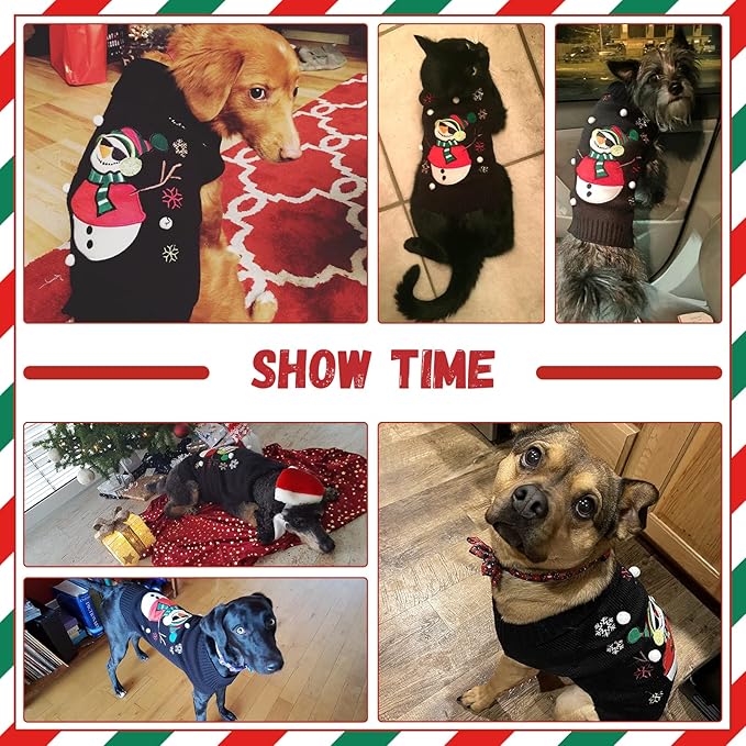 Christmas Dog Sweaters Xmas Pet Outfit Clothes Cute Black Snowman Costume Puppy Cat Knitted Jumpers (S,Black Snowman)