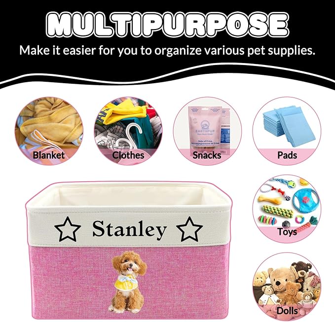 Personalized Dog Toy Storage Basket Custom Dog Name Photo Cat Pet's Gift Baskets Collapsible Organizer Box Foldable Storage Basket with Handle for Toys, Coats, Clothing, Blankets, Purple