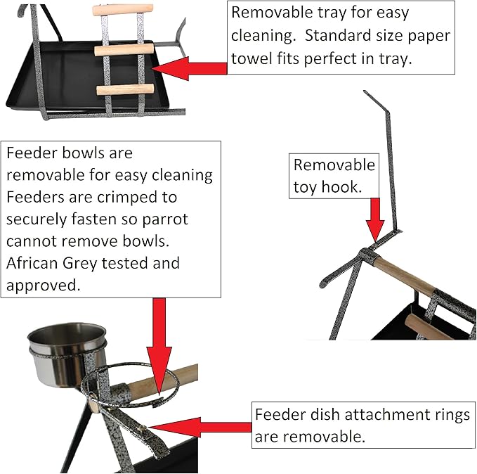 Parrot Bird Perch Table Top Stand Metal Wood 2 Steel Cups Play for Medium and Large Breeds 17.5" x 12.5" x 11"