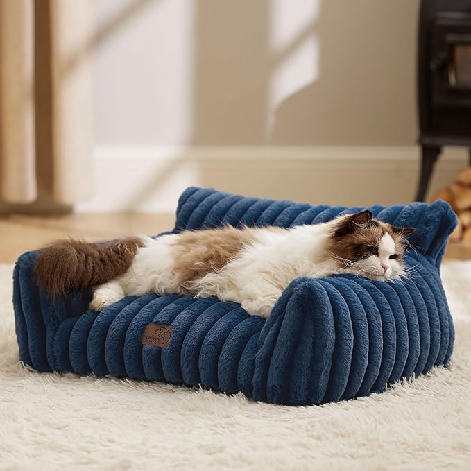 Bedsure ComfyFleece™ Cute Cat Couch for Pets - As Seen on TV on Good Day New York, Fuzzy Cats beds for Indoor Cats with Removable Washable Cover, Supportive Pet Sofa, 24inch, Night Blue