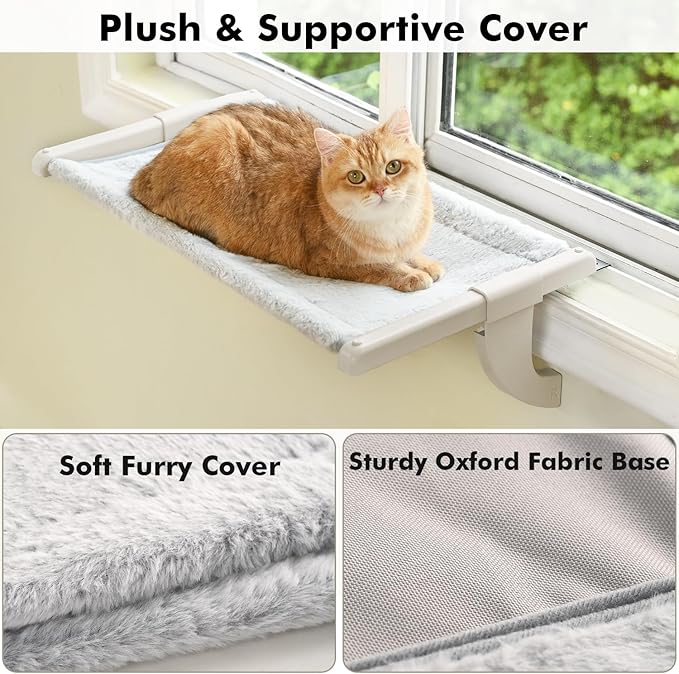 Window Sill Mount Cat Perch for Indoor Cats, One-Step Sliding Clamping Slot Adjustment Cat Hammock with Washable Cover, No Suction Cups Pet Bed for Windowsill & Bedside (XL)