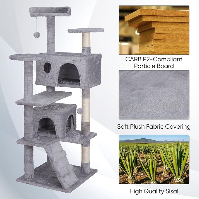 Multi-Level Cat Tree Tower with Condos, 54" Tall Cat Activity Center with Plush Perches and Toys, Space Saving Pet Playhouse for Kittens and Cats (Light Grey)