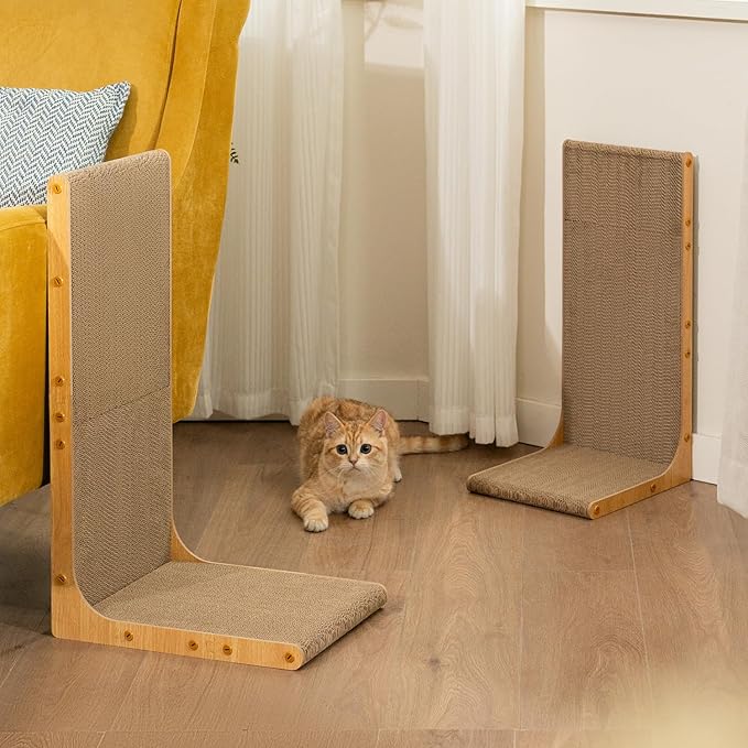 Cardboard Cat Scratcher,23 Inch L Shape Scratch Pad Wall Mounted,Vertical Scratching Board, Durable Cardboard to Protect Furniture for Indoor Cats,Wood Grain Large,2-Pack
