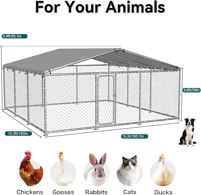 15.3'x15.3'Large Outdoor Dog Kennel Outside– Heavy-Duty Dog Enclosure with Wire Mesh Fence, Lock & Waterproof Cover for Large Dogs