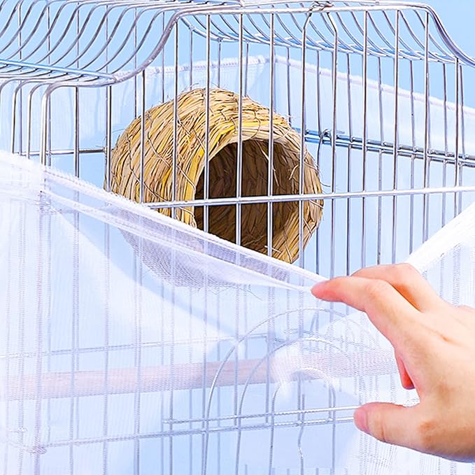 Bird Cage Seed Catcher, Large Airy Gauze Seeds Bird Cage Cover Guard Adjustable Bird Cage Cover Birdcage Seed Feather Catcher Universal Birdcage Parrot Bird Nylon Mesh Net Cover(L-118x16 in, White)