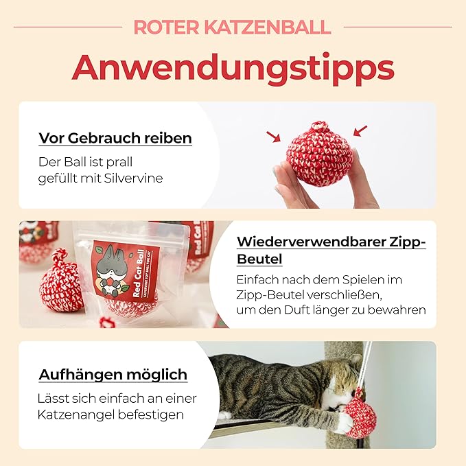 JAYU PET Red Cat Ball [W/O Bell Version] - Handmade Silvervine Cat Toy with Catnip, Interactive Matatabi Ball for Indoor Cats & Kittens, Feline Play Toy & Gift (2.7 inch)