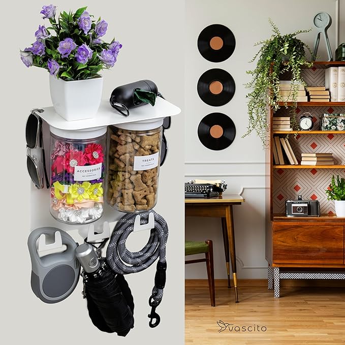 Dog Treat Holder For Wall Storage For Pets, Premium Pet Wall Organizer, Includes Two 32oz Airtight Dog Treat Jar, 3 Sets of Triple Hooks, Sturdy Shelf in Designer White
