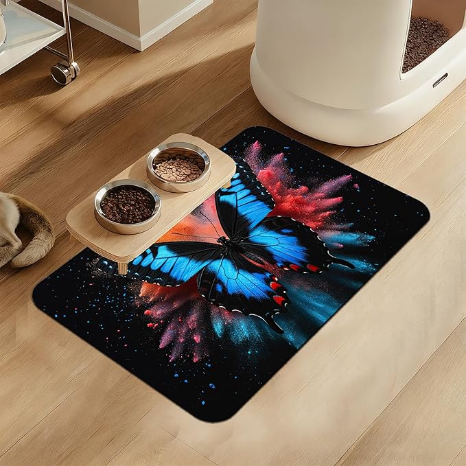 Blue Butterfly on Blooming Pet Feeding Mat– Christmas Stocking Quick Dry Absorbent Dog Cat Food Mat, Non Slip Waterproof Bowl Placemat for Messy Eaters, Pet Accessories for Floors 12"x20"