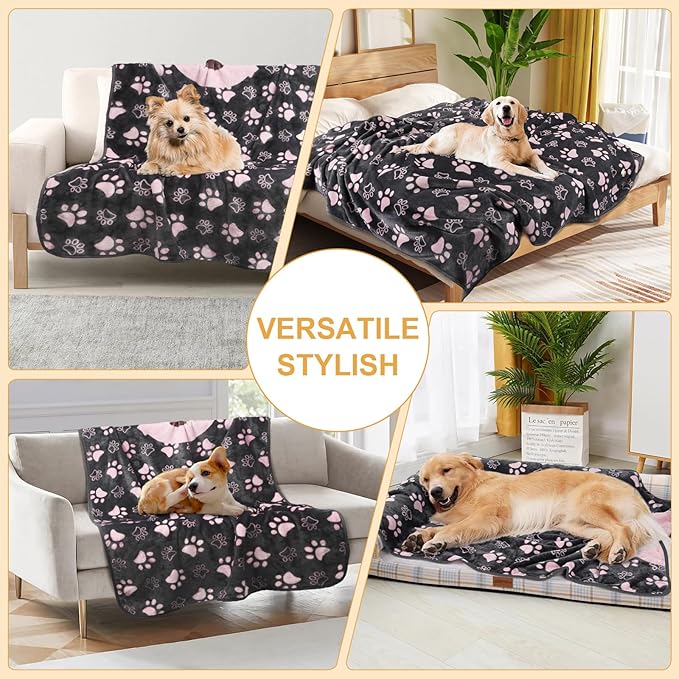 Upgraded Dog Blankets for Large Dogs, Cat Flannel Blankets Washable, with Premium 300GSM Soft Pet Throw Cover for Kennel Crate Bed, Cute Paw Pattern,50x60 inch,Grey & Pink.