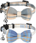 2 Pcs Cat Collar Breakaway with Bell and Bowtie - Adjustable Cat Bow Tie - Plaid Kitten Collar for Small Pets