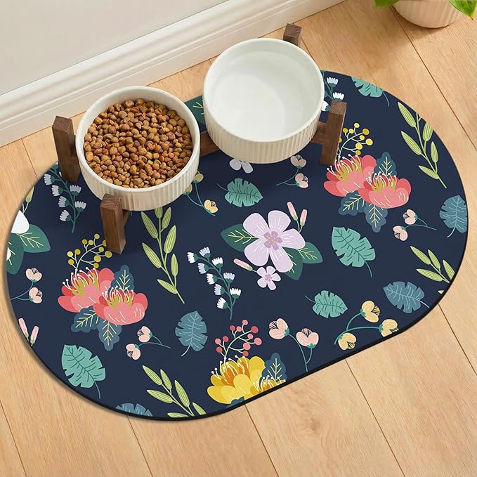 Absorbent Pet Food Mat 24''x16'', No Stains Quick Dry Pet Water Mat Protect Floor, Cat Dog Water Bowl Mat for Messy Drinkers, Non-Slip Rubber Base Pet Placemats for Food and Water, Dark Blue Floral