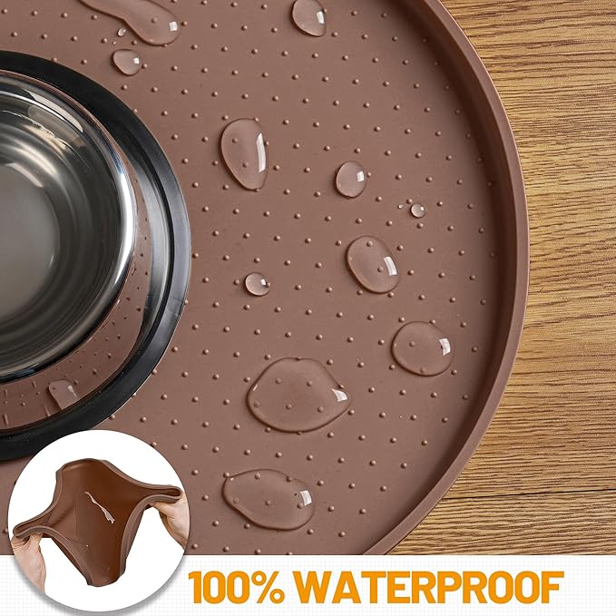 Hubulk 100% Waterproof Silicone Pet Feeding Mat with Raised Edge for Food and Water, Dog Bowl Mats, Cat Bowls Placemat with High Lip Protects Floor for Cats and Dogs (Brown, 16" L x 10" W)
