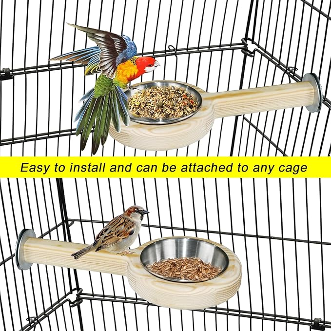 ASOCEA 2 Pack Bird Perch Feeding Cup, Bowls for Cage Wooden Perch Stand Hanging Bowls for Bird Cage Accessory Parrot Wood Perch Stand Toy for Parakeet Lovebird Cockatiel Budgie