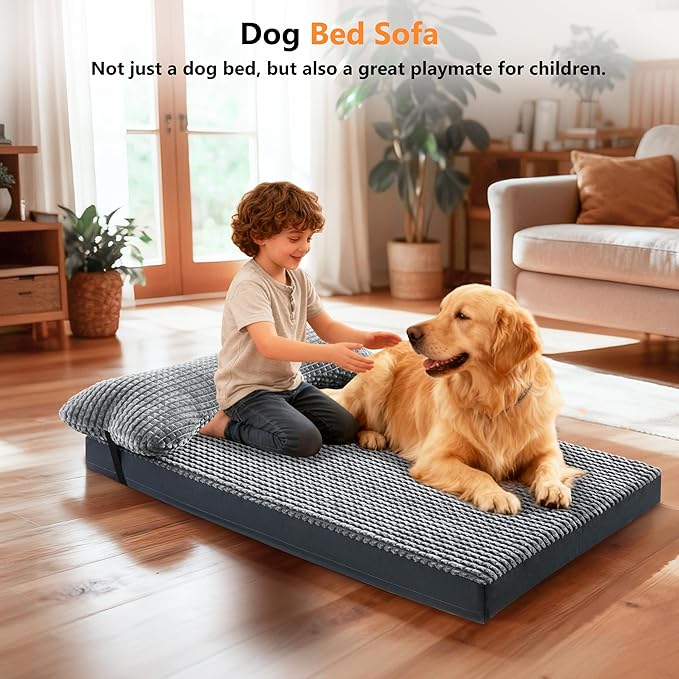 KISYYO Orthopedic Dog Beds for Extra Large Dogs with Removable Washable Cover and Removable Pillow for Crate,Waterproof Extra Large Dogs Mat, Grey, 29x20
