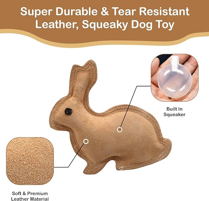 SPOT Dura-Fused Leather Rabbit Dog Toy – Durable Real Leather & Jute Chew Toy with Squeaker, Double-Stitched for Moderate Chewers, Small & Medium Dogs, 7.5in
