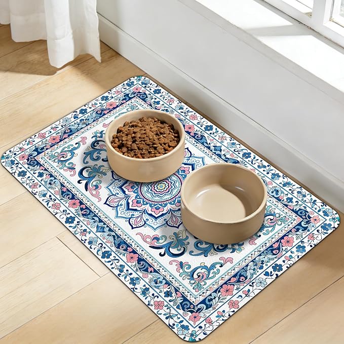 Dog Food Mat for Bowls, Absorbent Quick Dry Dog Cat Mats for Food and Water, Non-Slip Backing Pet Mat Pet Supplies - Blue Vintage Floral Pattern