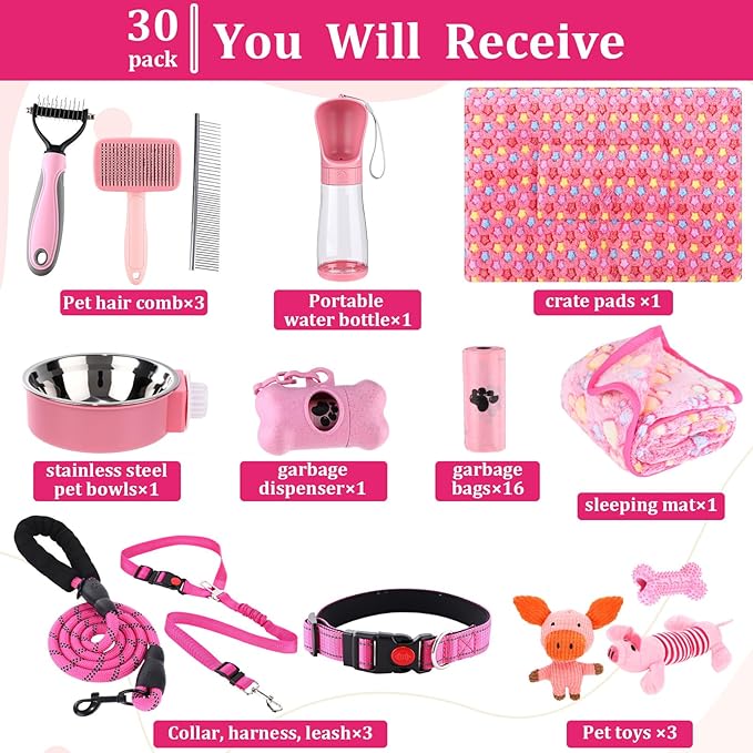 30 Pcs Puppy Supplies Starter Kit for Small Dogs Essentials Include No Pull Dog Harness, Collar, Leash Set, Toys, Bowl, Water Bottles, Pet Grooming Kit, Puppy Accessories for Welcome Gift