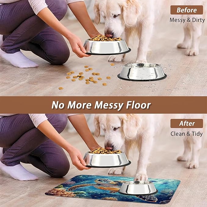 Turtle Dog Cat Food Mat,Coral Fish Absorbent Pet Feeding Mat for Food and Water,Non-Slip Dog Bowl Mats Floor Protector 12"x20"