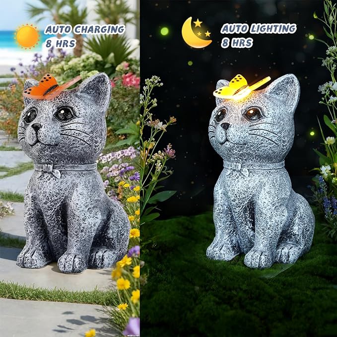 Solar Cat Garden Statues Outdoor Decor with Butterfly for Waterproof Yard Lawn Patio Balcony Porch Home Decor, for Mom Grandma Women Housewarming