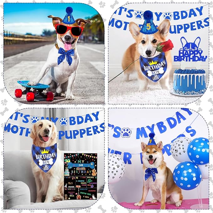 Blue Dog Birthday Party Supplies Pet Birthday Bandanas Boy Doggy Birthdays Hat Bow Tie Greeting Card Numbers It's My Bday Mother Puppers Sign Banner for Medium Large Pets
