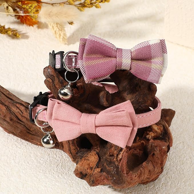 Cat Girl Collar Breakaway Bowtie - Safety Adjustable Cat Collars for Girl Cats with Bell - 7-11 Inches Length Christmas Cats Bow Tie Collar Pink