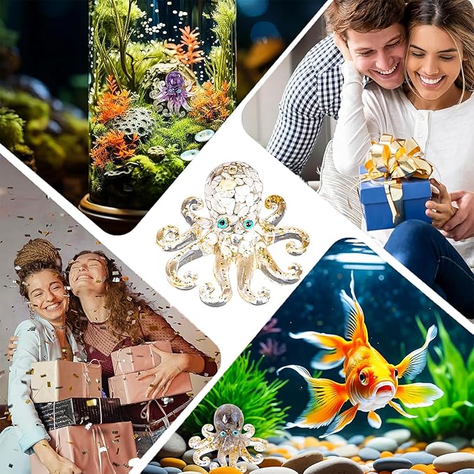 Natural Crystal Gravel Octopus Resin Marine Animals Fish Tank Decorative Ornaments Octopus Statue Healing Crystal Home Decor Ladies Gift 3.93" (White-Turquoise, 3.93")