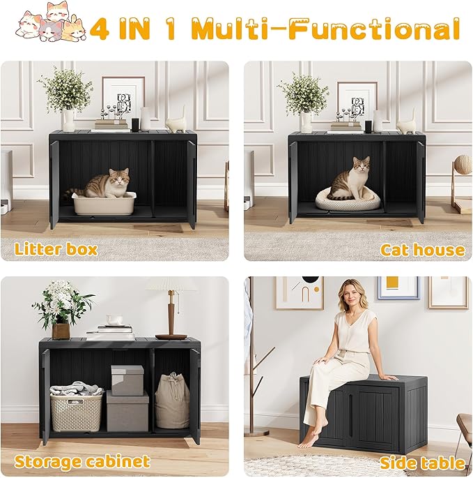 Cat Litter Box Enclosure, Multi-Functional Hidden Enclosed Litter Box Furniture with Adjustable Partition, Indoor Outdoor Cat House Weatherproof, Side Table, Easy to Clean & Assemble, Black