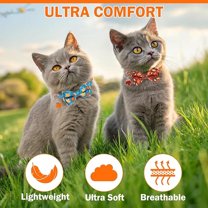 Breakaway Cat Collar Thanksgiving 2 Pack - Fall Pumpkin & Turkey Bow Tie with Bell, Safe Adjustable Kitten Collars for Holiday, Fits Cats and Small Puppies