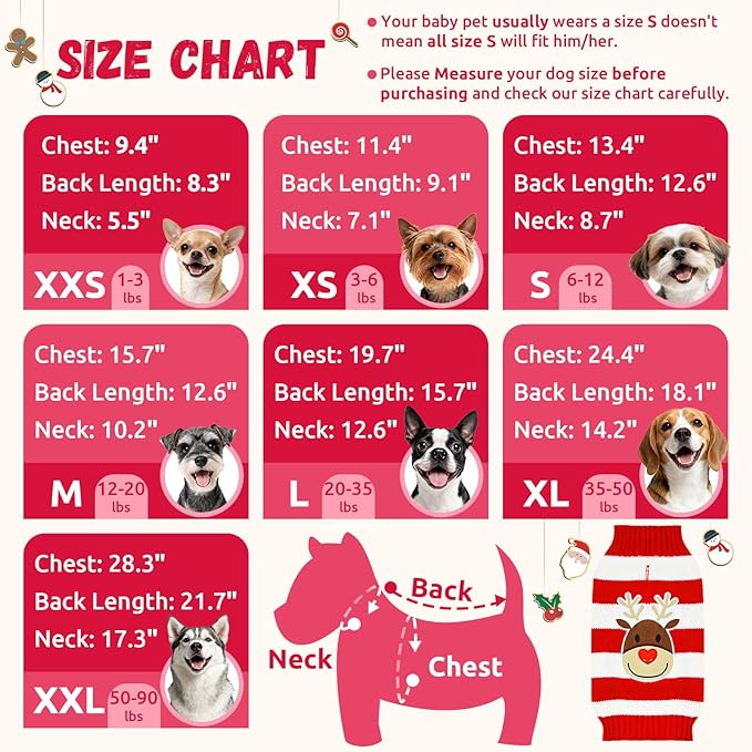 Dog Christmas Sweater Cute Striped Reindeer Xmas Pet Clothes Holiday Puppy Cat Costume New Year Gifts for Small Medium Large Dogs Jumpers (XXS, Red White Stripe Reindeer)