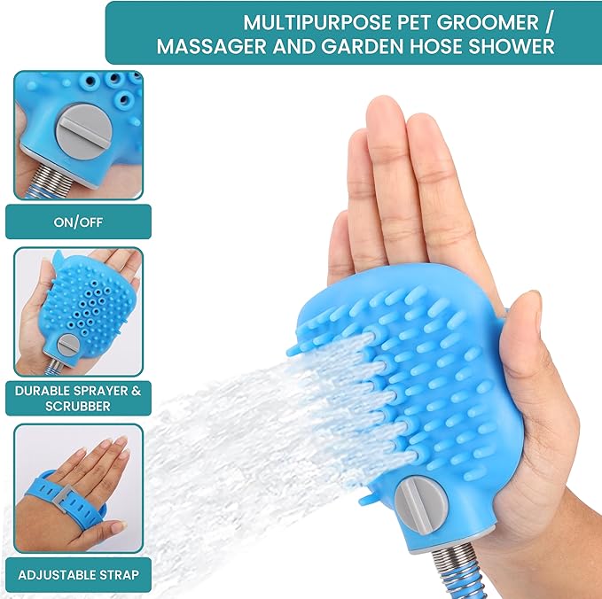 Belle Vous Dog Bath Hose Sprayer and Scrubber Attachment - Indoor/Outdoor Pet Bathing, Grooming and Washing - Pet Shower Brush with Garden Nozzle