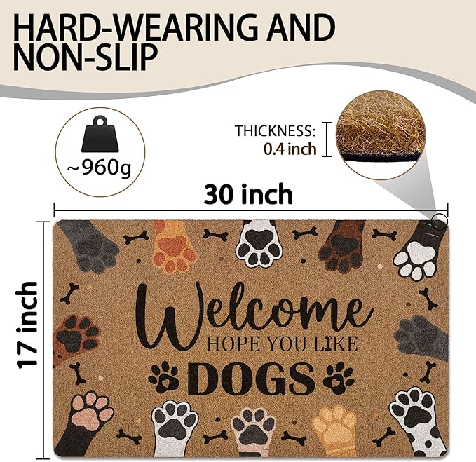 Welcome Hope You Like Dogs Door Mat, Cute Dog Paws Print Artificial Coir Front Door Mat Indoor Outdoor Entrance, Funny Dog Paw Welcome Doormat Rug for Porch Entryway Patio Decor, 17X30 Inch