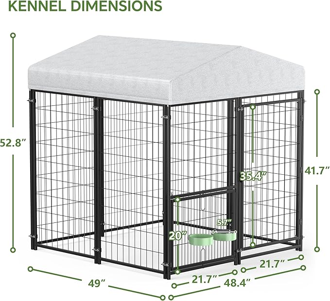 Mr IRONSTONE Outdoor Dog Kennel Heavy Duty Metal Dog Enclosure with Roof, Rotating Food & Water Feeder, Waterproof Covered Large Dog Run for Backyard, Secure Lock Design (4'L x 4'W x 4.4'H)