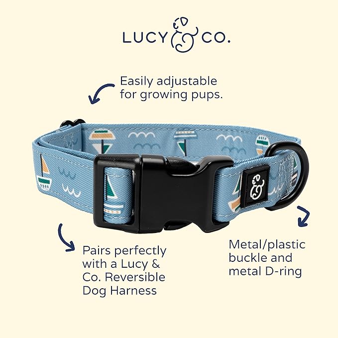 Lucy & Co. Set Sail Adjustable Dog Collar- Cute Designer Pet Collar for Small, Medium, Large Dogs- Buckle Closure Dog Accessories, Medium, Blue with Green & Yellow Sailboats