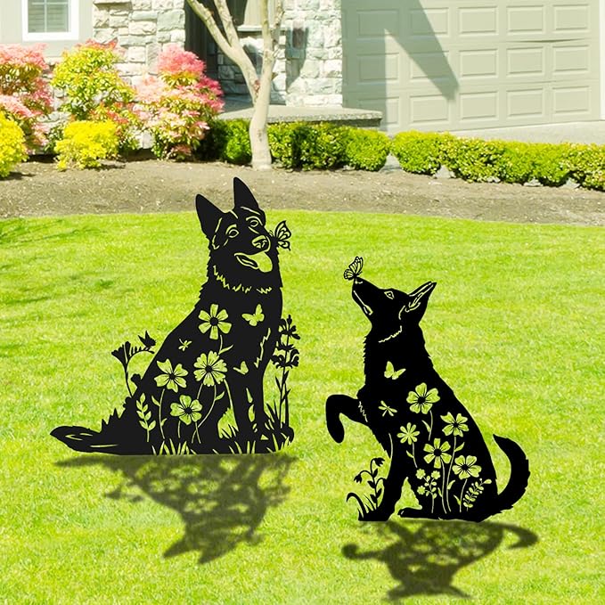German Shepherd Metal Garden Stakes Yard Decor, 2PCS Black Dog Silhouette Statues Garden Decorative Gifts for Yard Art, Patio, Outside, Lawn Ornaments, Christmas, Backyard
