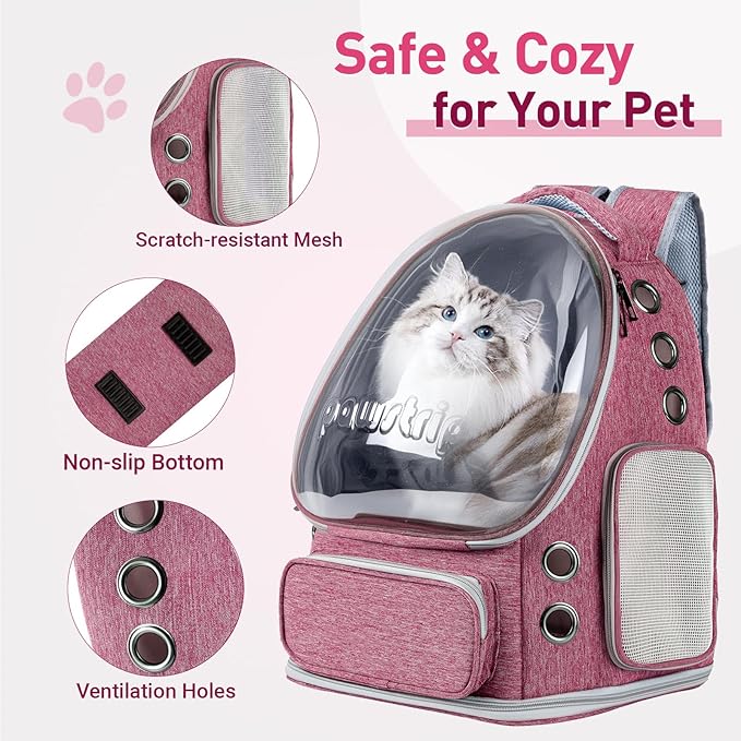 Pawstrip Cat Backpack Carrier with Large Space Bubble Window, Airline Approved Breathable Pet Carrier for Small Dogs Cats up to 15lbs, Foldable for Travel Hiking & Outdoor Use