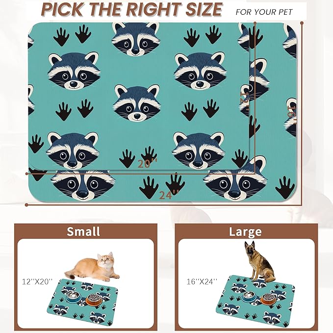 Cute Raccoon Dog Food Mat for Floors,Absorbent Pet Food and Water Bowl Mats,Non-Slip Pet Feeding Mat,Pet Supplies 12" x 20"