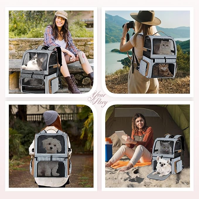 Lekebobor Double Cat Backpack Carrier for 2 Cats, Double-Compartment Pet Carrier Backpack for 2 Small Cat or One Medium Cat, Cats Carrier Backpack Dog Carrier Backpack Fits Up to 24 Lbs,Blue Striped