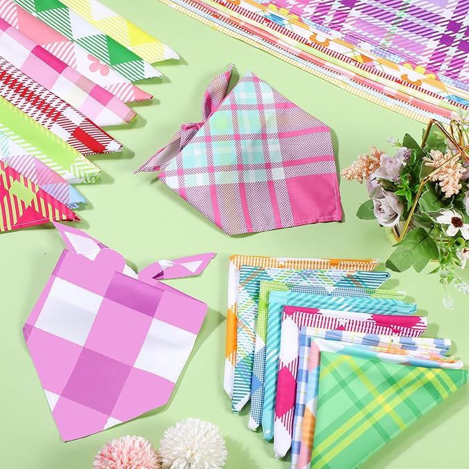Sweetude 60 Pcs Spring Plaid Dog Bandanas Bulk Spring Pet Scarf Bibs Adjustable Washable Kerchief Seasonal Pet Costume Accessories Grooming Supplies for Small to Large Cats Dogs
