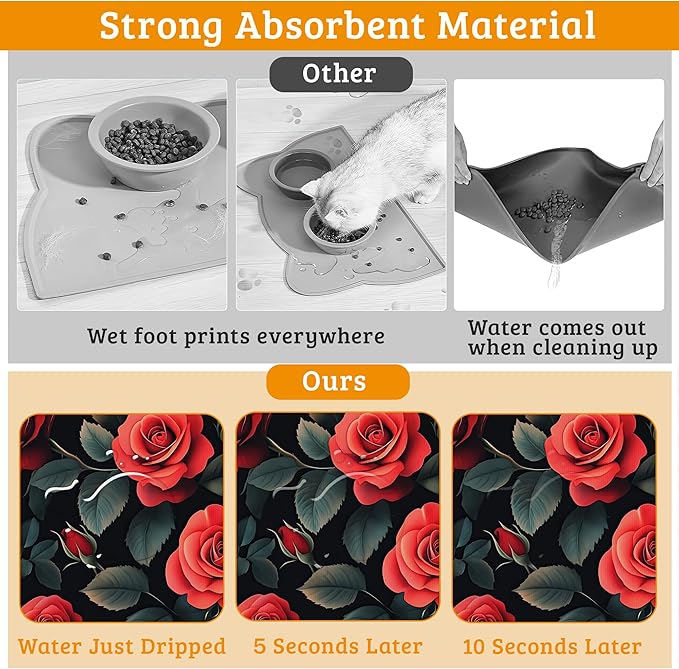 Retro Rose Feeding Mat,Green Leaf Absorbent Quick-Dry Cat Dog Food and Water Bowl Mats,Non-Slip Rubber Backing Mat,Cat Dog Accessories Supplies 12" x 20"
