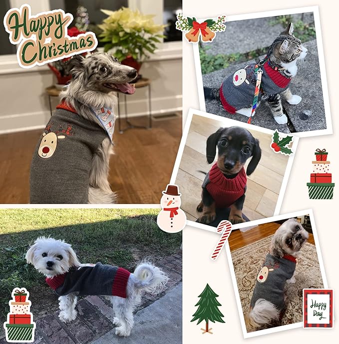 Dog Christmas Sweater Xmas Pet Clothes Cute Gray Reindeer Holiday Puppy Cat Costume New Year Gifts for Small Medium Large Dogs Jumpers (S, Gray Reindeer)