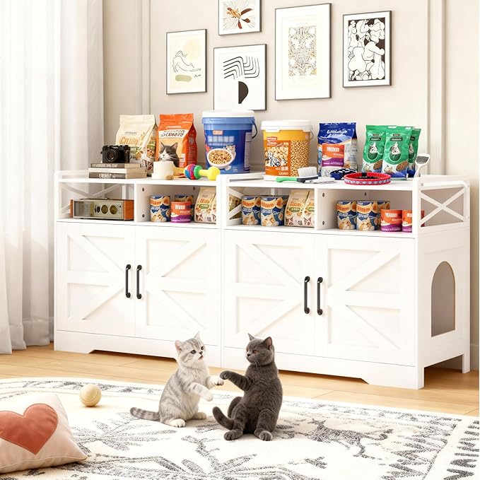 Cat Litter Box Enclosure Furniture - Hidden Litter Box Cabinet with Scratch Pad & Odor Control | Farmhouse Style End Table for Cats | Discreet Cat Washroom for Living Room & Bedroom White