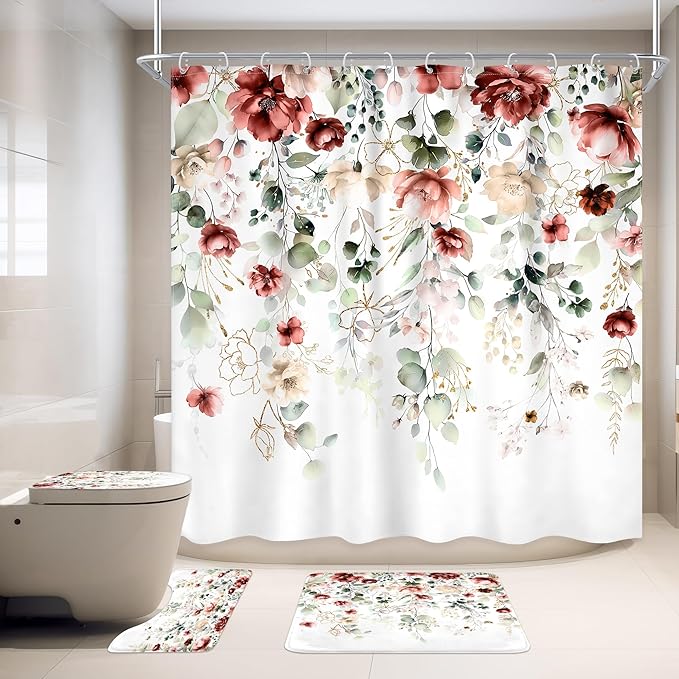 4 PCS Red Burgundy Floral Flower Shower Curtain Set 72Wx72H Inch Watercolor Pastel Complete Bathroom Set Non-Slip Bath Rug Toilet Lid Cover and U Shape Mat Accessories 12 Hooks Bathoom Decor