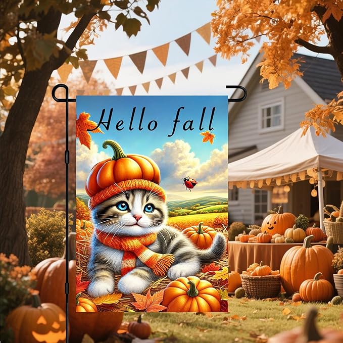 Hello Fall Garden Flag Cute Kitten Pumpkin Hat Scarf Flag 12x18 Inch Autumn Pet Decor Double Sided Outdoor Banner For Front Yard Porch Lawn Patio Seasonal Home Decor for autumn