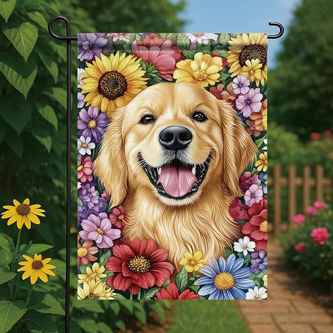 Golden Retriever Garden Flag 12x18 Inch Dog with Colorful Flowers Outdoor Banner Cute Pet Yard Decor Spring Summer Double Sided Welcome Flag for Lawn House Decoration Dog Lovers Gift