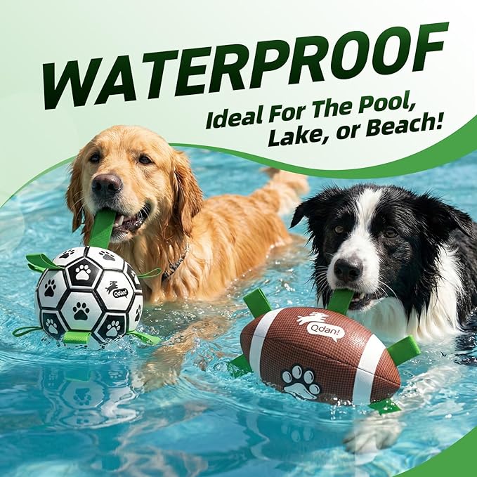 QDAN Dog Soccer Ball Football Set - 2 PCS Dog Balls with Strap for Tug of War, Soccer Ball Football Toys for Small Medium Large Dogs, Herding Ball for Dogs, Dog Birthday Toy